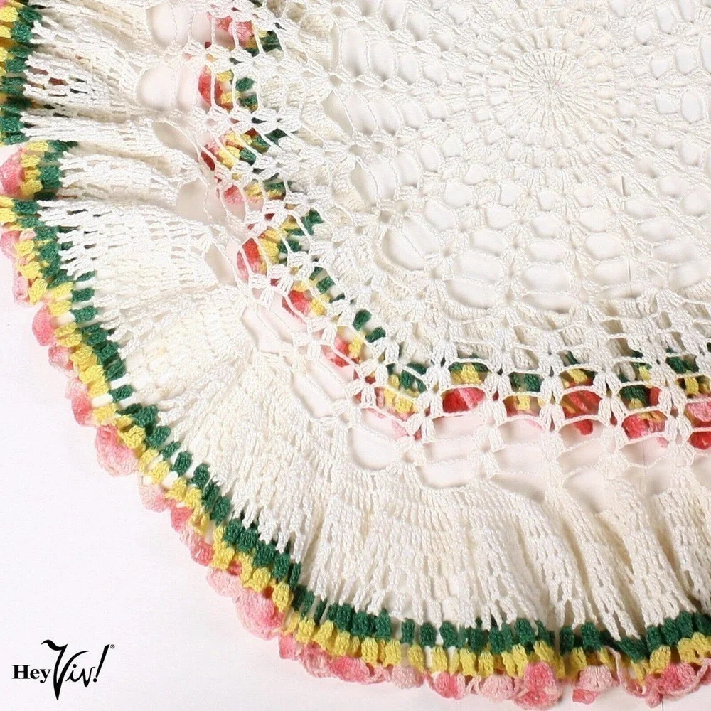 Vintage Cotton Crochet Table Cloth Topper Hand Made Ruffle Rainbow Edge -Hey Viv